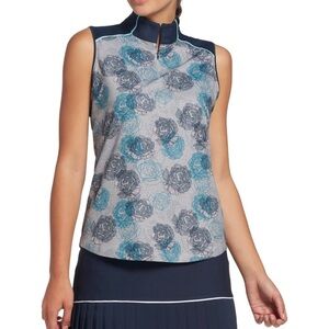 Size L Lady Hagen Women's Floral Print Mock Neck Sleeveless Golf Polo